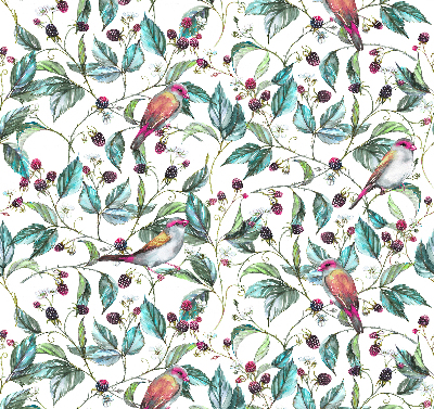 Roller blind for large window Blue leaves and colorful birds