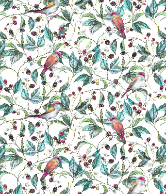 Roller blind for large window with a blue leaves and colorful birds pattern