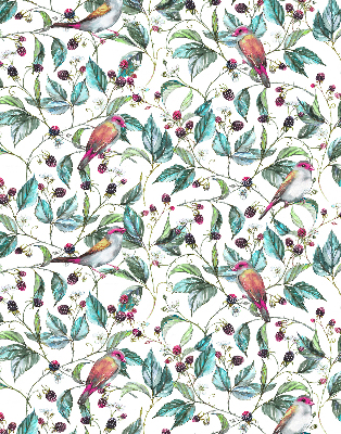 Roller blind for large window Blue leaves and colorful birds