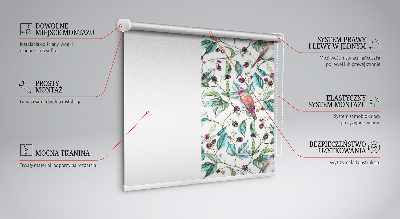 Roller blind for large window with a blue leaves and colorful birds pattern