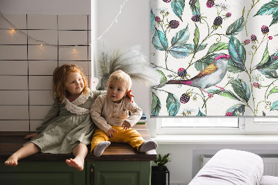 Roller blind for large window Blue leaves and colorful birds