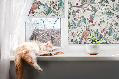 Roller blind for large window Blue leaves and colorful birds