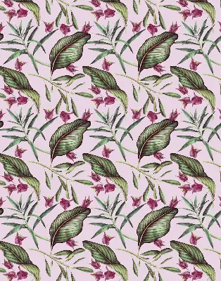 Fabric roller blind with a tropical leaves pattern