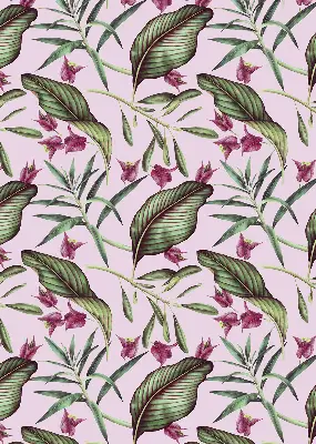 Fabric roller blind with a tropical leaves pattern