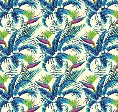 Fabric roller blind with tropical plants pattern