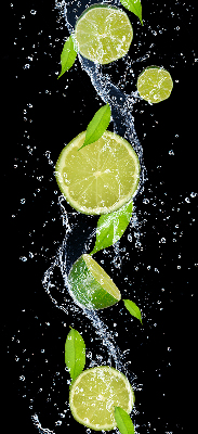Fabric roller blind with a lime falling in water design