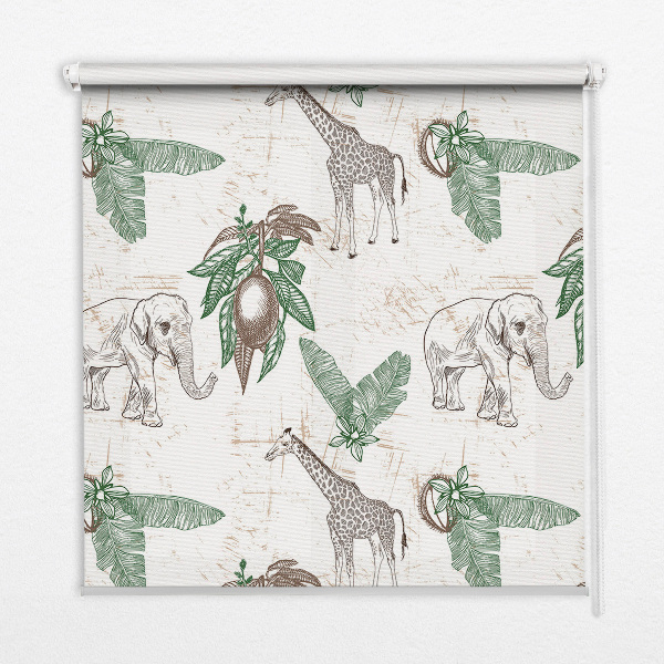 Fabric roller blind Giraffes, elephants and leaves