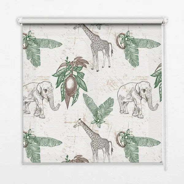 Fabric roller blind with a giraffes, elephants, and leaves pattern