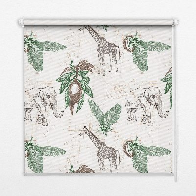 Fabric roller blind with a giraffes, elephants, and leaves pattern