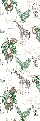 Fabric roller blind with a giraffes, elephants, and leaves pattern