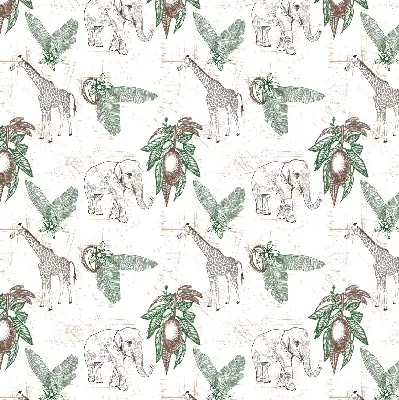 Fabric roller blind with a giraffes, elephants, and leaves pattern
