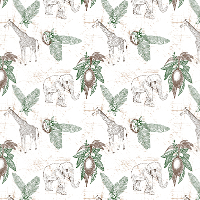 Fabric roller blind Giraffes, elephants and leaves