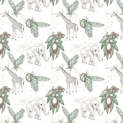 Fabric roller blind with a giraffes, elephants, and leaves pattern