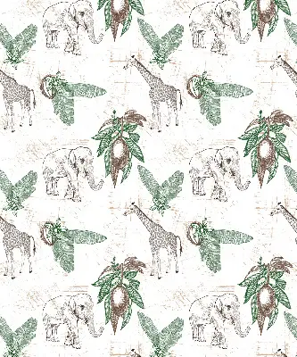 Fabric roller blind with a giraffes, elephants, and leaves pattern