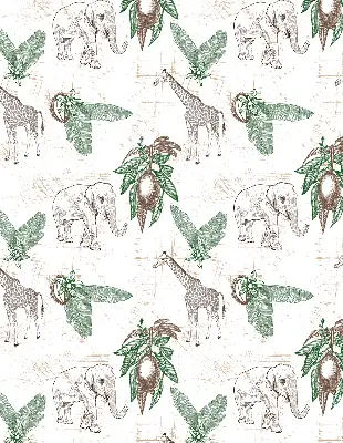 Fabric roller blind with a giraffes, elephants, and leaves pattern