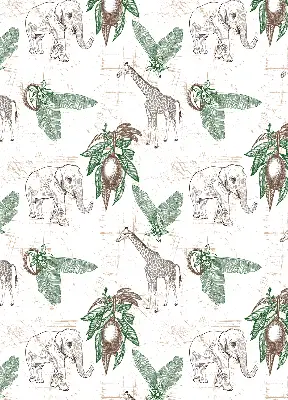 Fabric roller blind with a giraffes, elephants, and leaves pattern
