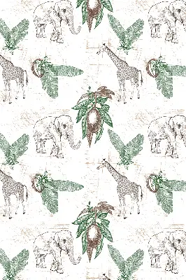 Fabric roller blind with a giraffes, elephants, and leaves pattern