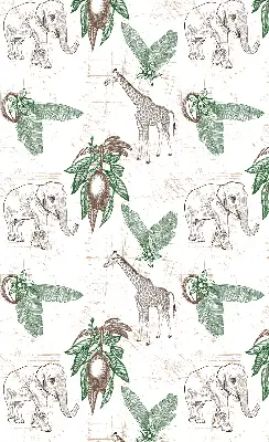 Fabric roller blind with a giraffes, elephants, and leaves pattern