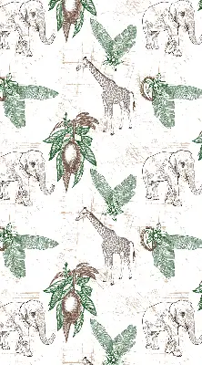 Fabric roller blind with a giraffes, elephants, and leaves pattern