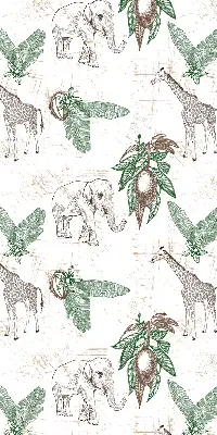 Fabric roller blind with a giraffes, elephants, and leaves pattern
