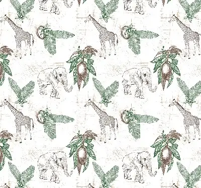 Fabric roller blind with a giraffes, elephants, and leaves pattern