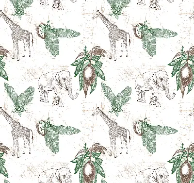 Fabric roller blind with a giraffes, elephants, and leaves pattern