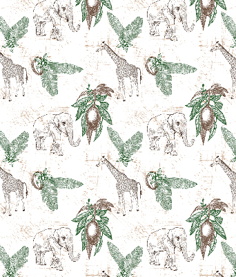 Fabric roller blind Giraffes, elephants and leaves