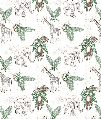 Fabric roller blind with a giraffes, elephants, and leaves pattern