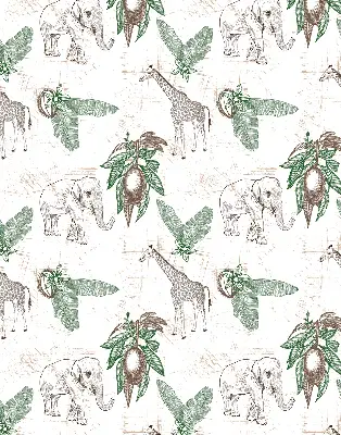 Fabric roller blind with a giraffes, elephants, and leaves pattern
