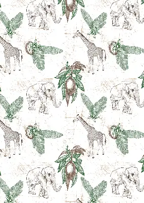 Fabric roller blind with a giraffes, elephants, and leaves pattern