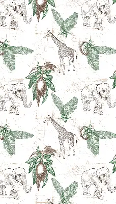 Fabric roller blind with a giraffes, elephants, and leaves pattern