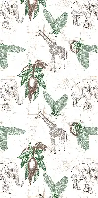 Fabric roller blind with a giraffes, elephants, and leaves pattern