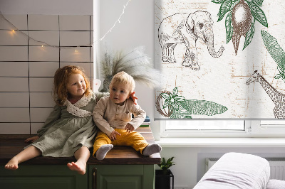 Fabric roller blind Giraffes, elephants and leaves