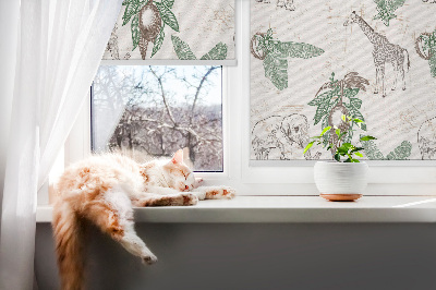 Fabric roller blind Giraffes, elephants and leaves