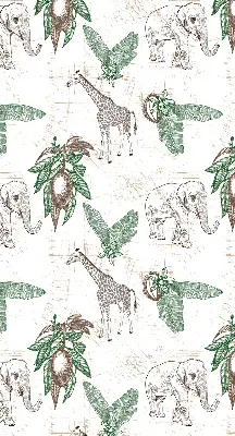 Fabric roller blind with a giraffes, elephants, and leaves pattern