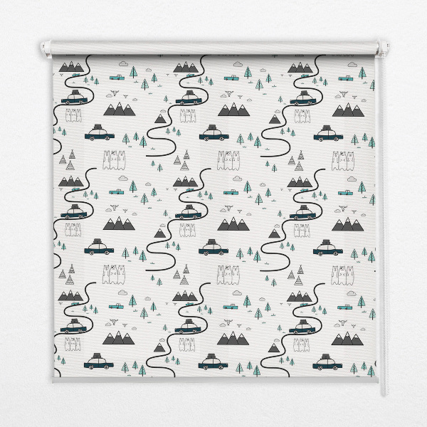 Fabric roller blind with forest and mountain path pattern