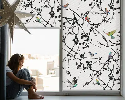 Fabric roller blind with a birds on the branches print