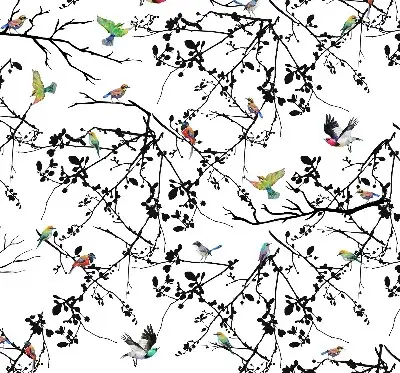 Fabric roller blind with a birds on the branches print