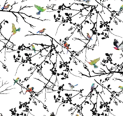 Fabric roller blind with a birds on the branches print