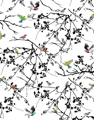 Fabric roller blind with a birds on the branches print