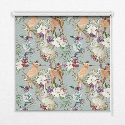 Modern roller blind with roe deer, birds, and rabbits print