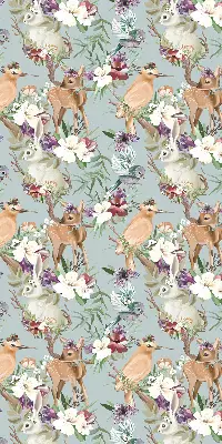 Modern roller blind with roe deer, birds, and rabbits print