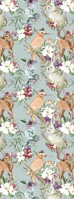 Modern roller blind with roe deer, birds, and rabbits print