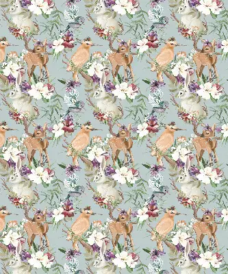 Modern roller blind with roe deer, birds, and rabbits print