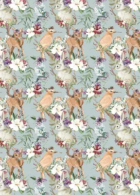 Modern roller blind with roe deer, birds, and rabbits print