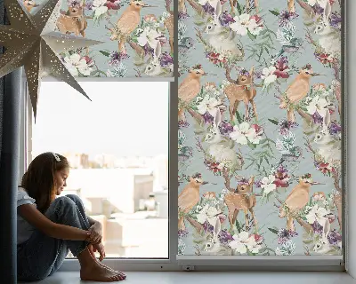 Modern roller blind with roe deer, birds, and rabbits print