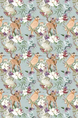 Modern roller blind with roe deer, birds, and rabbits print