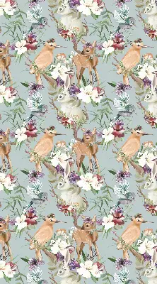 Modern roller blind with roe deer, birds, and rabbits print