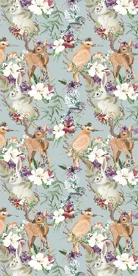 Modern roller blind with roe deer, birds, and rabbits print