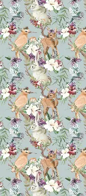 Modern roller blind with roe deer, birds, and rabbits print